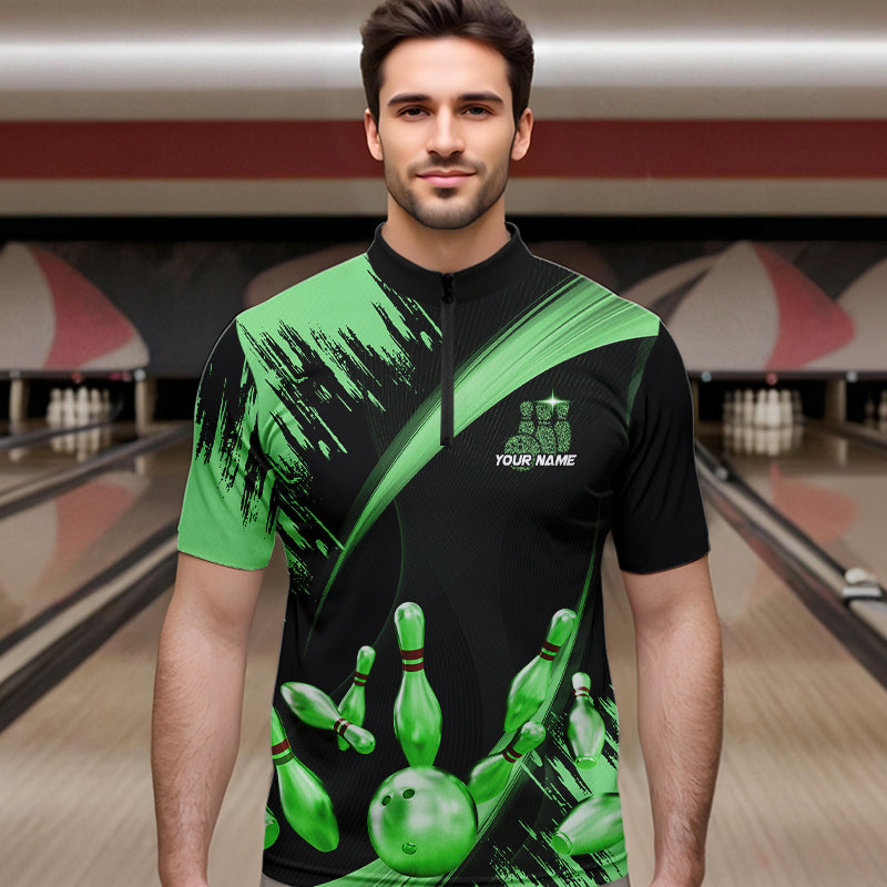 Personalized Black and Green Bowling Polo, Quarter Zip Shirts For Mens Custom Bowling Team Jersey NQS9724