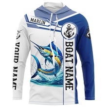 Load image into Gallery viewer, Blue and white Marlin fishing UV protection Customize name and boat name long sleeves fishing shirts NQS1842