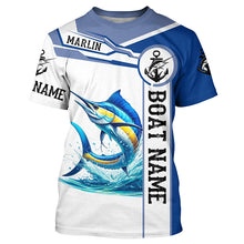 Load image into Gallery viewer, Blue and white Marlin fishing UV protection Customize name and boat name long sleeves fishing shirts NQS1842