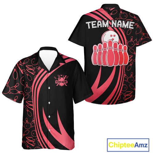 Black bowling Hawaiian shirt Custom Red neon team league bowling button up shirt, gifts for bowlers NQS9983
