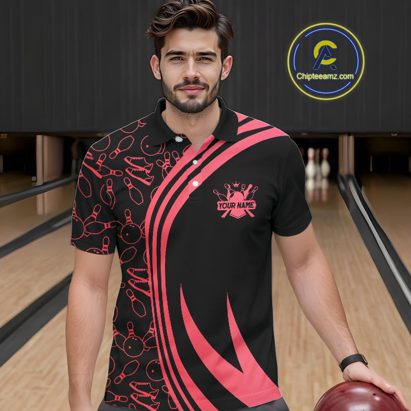 Black Mens bowling shirts Custom Red neon team league bowling jerseys, gifts for bowlers NQS9983