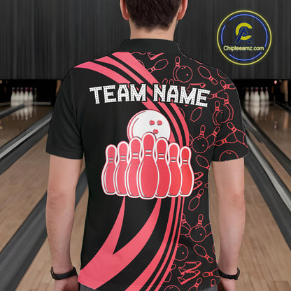 Black Mens bowling shirts Custom Red neon team league bowling jerseys, gifts for bowlers NQS9983