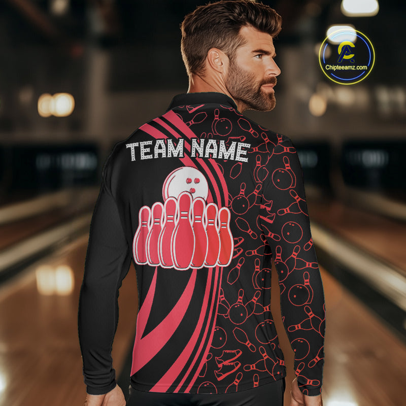 Black Mens bowling shirts Custom Red neon team league bowling jerseys, gifts for bowlers NQS9983