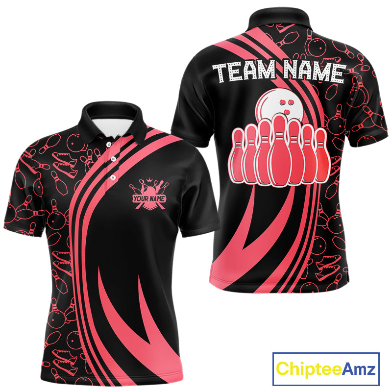 Black Mens bowling shirts Custom Red neon team league bowling jerseys, gifts for bowlers NQS9983