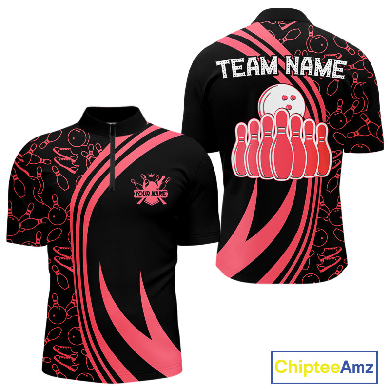 Black Mens bowling shirts Custom Red neon team league bowling jerseys, gifts for bowlers NQS9983