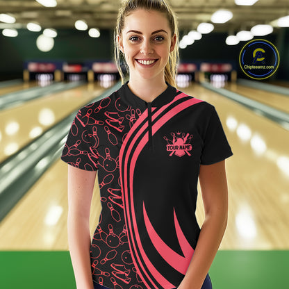 Black Women bowling shirts Custom Red neon team league bowling jerseys, gifts for bowlers NQS9983