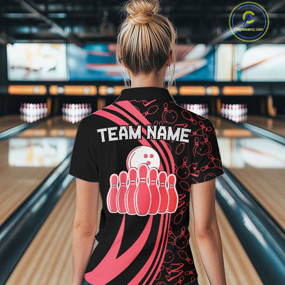 Black Women bowling shirts Custom Red neon team league bowling jerseys, gifts for bowlers NQS9983