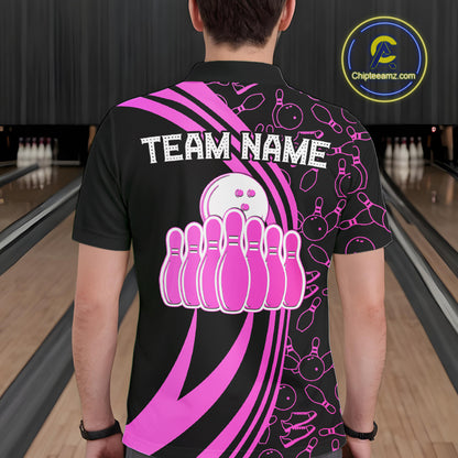 Black Mens bowling shirts Custom Pink neon team league bowling jerseys, gifts for bowlers NQS9984