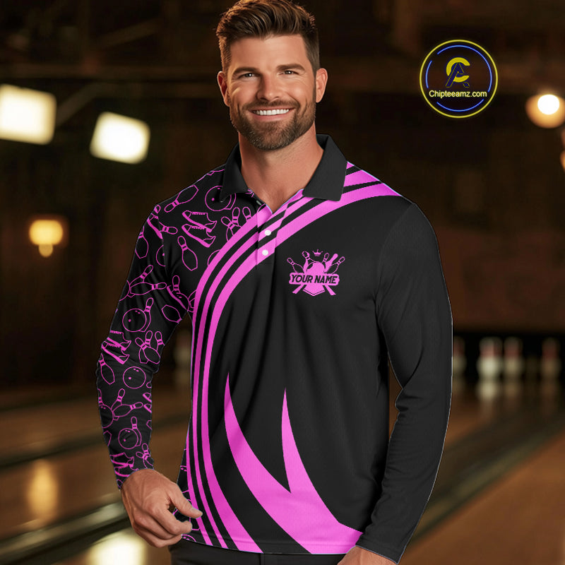 Black Mens bowling shirts Custom Pink neon team league bowling jerseys, gifts for bowlers NQS9984