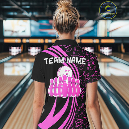 Black Women bowling shirts Custom Pink neon team league bowling jerseys, gifts for bowlers NQS9984