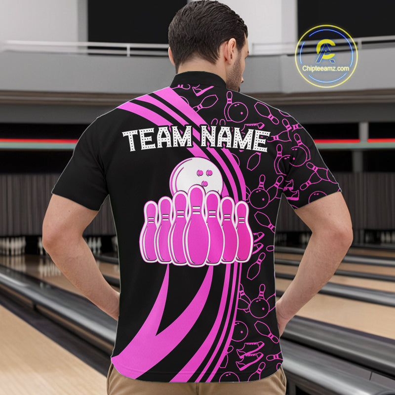 Black Mens bowling shirts Custom Pink neon team league bowling jerseys, gifts for bowlers NQS9984