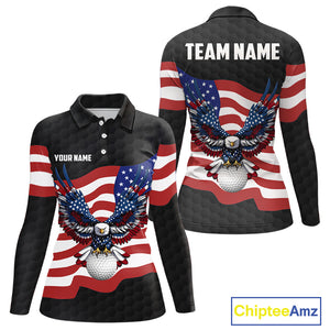 Black Golf pattern American Flag Eagle Women golf polo shirts Custom patriotic ladies golf attire NQS9986