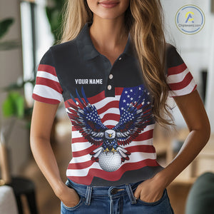 Black Golf pattern American Flag Eagle Women golf polo shirts Custom patriotic ladies golf attire NQS9986