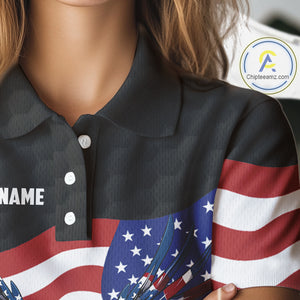 Black Golf pattern American Flag Eagle Women golf polo shirts Custom patriotic ladies golf attire NQS9986