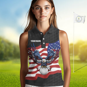 Black Golf pattern American Flag Eagle Women sleeveless golf polo shirts Custom patriotic golf attire NQS9986
