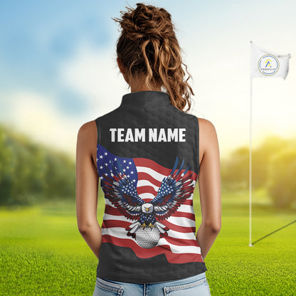 Black Golf pattern American Flag Eagle Women sleeveless golf polo shirts Custom patriotic golf attire NQS9986