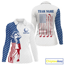 Load image into Gallery viewer, Red, White &amp; Blue American Flag Golf polo shirts For Women Custom patriotic ladies golf top NQS9987