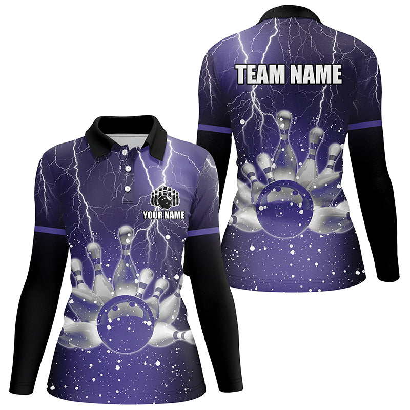 Purple lightning thunder Women Polo, 1/4 Zip Shirts Custom bowling team jerseys, gift for bowlers NQS7865