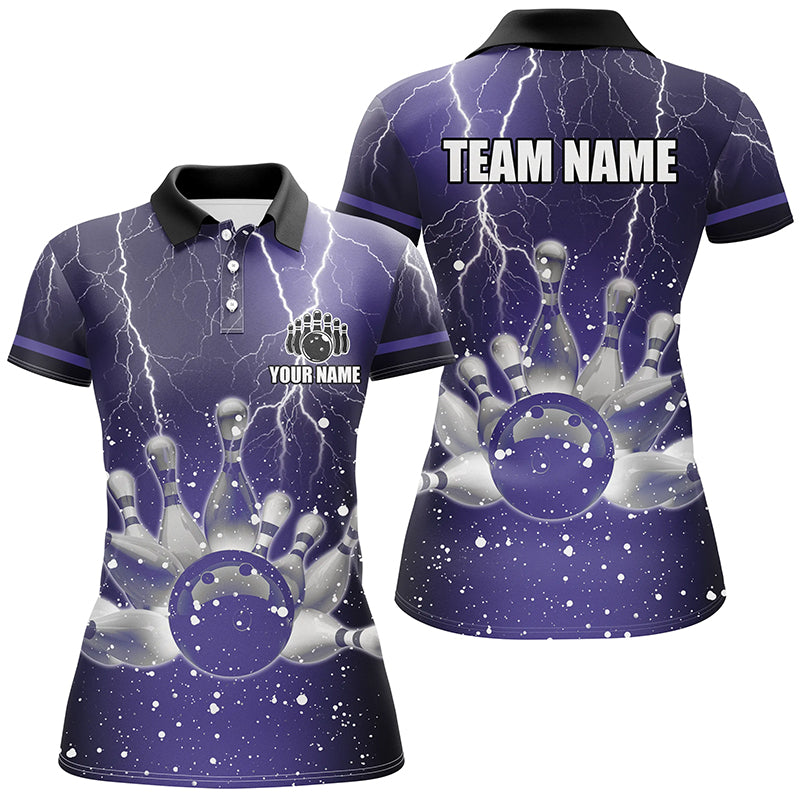 Purple lightning thunder Women Polo, 1/4 Zip Shirts Custom bowling team jerseys, gift for bowlers NQS7865