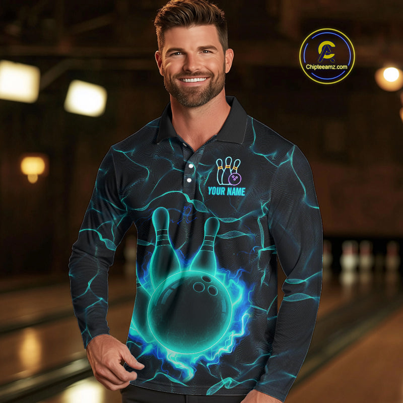 Cyan Blue Flame Bowling Polo, Quarter Zip shirts For Men custom bowling team jerseys Bowler Outfits NQS10153