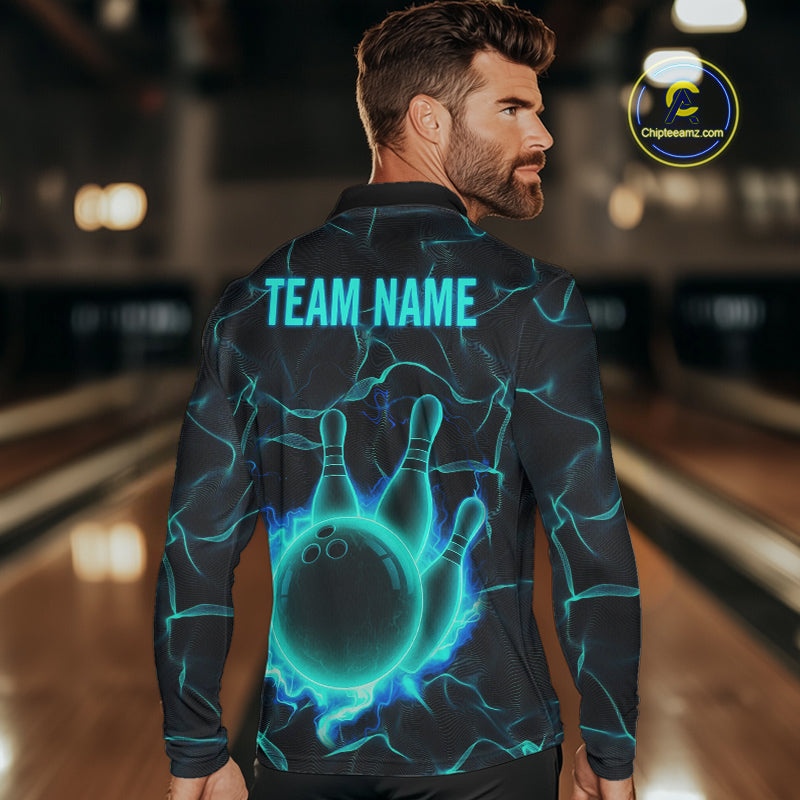Cyan Blue Flame Bowling Polo, Quarter Zip shirts For Men custom bowling team jerseys Bowler Outfits NQS10153