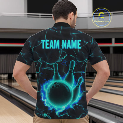 Cyan Blue Flame Bowling Polo, Quarter Zip shirts For Men custom bowling team jerseys Bowler Outfits NQS10153