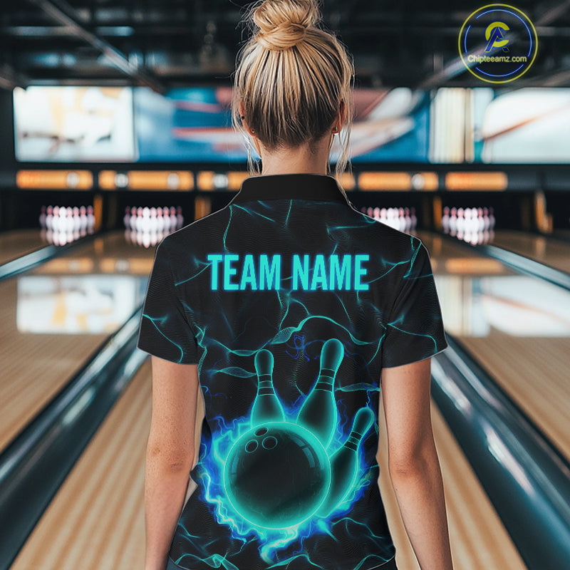 Cyan Blue Flame Bowling Polo, Quarter Zip shirts For Women custom bowling team jerseys Bowler Outfits NQS10153