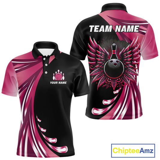 Black and Pink Bowling Ball and Pins wings Bowling Shirts for Men Custom Team Bowling Jerseys NQS10489