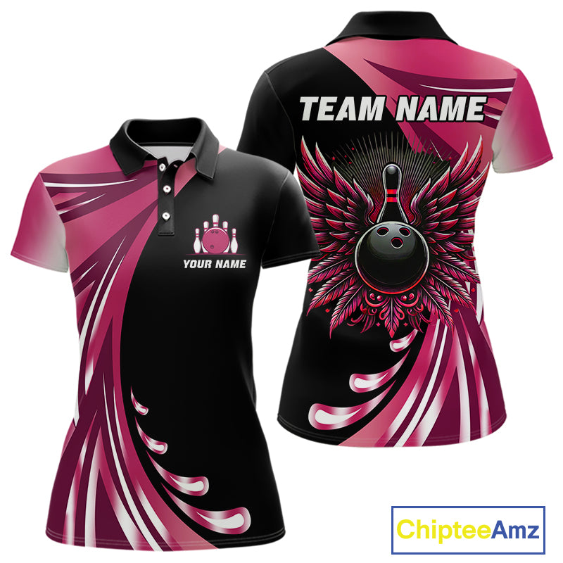 Black and Pink Bowling Ball and Pins wings Bowling Shirts for Women Custom Team Bowling Jerseys NQS10489