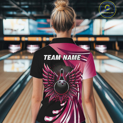 Black and Pink Bowling Ball and Pins wings Bowling Shirts for Women Custom Team Bowling Jerseys NQS10489