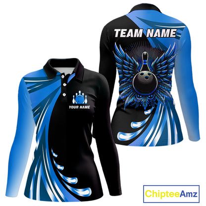 Black and Blue Bowling Ball and Pins wings Bowling Shirts for Women Custom Team Bowling Jerseys NQS10490