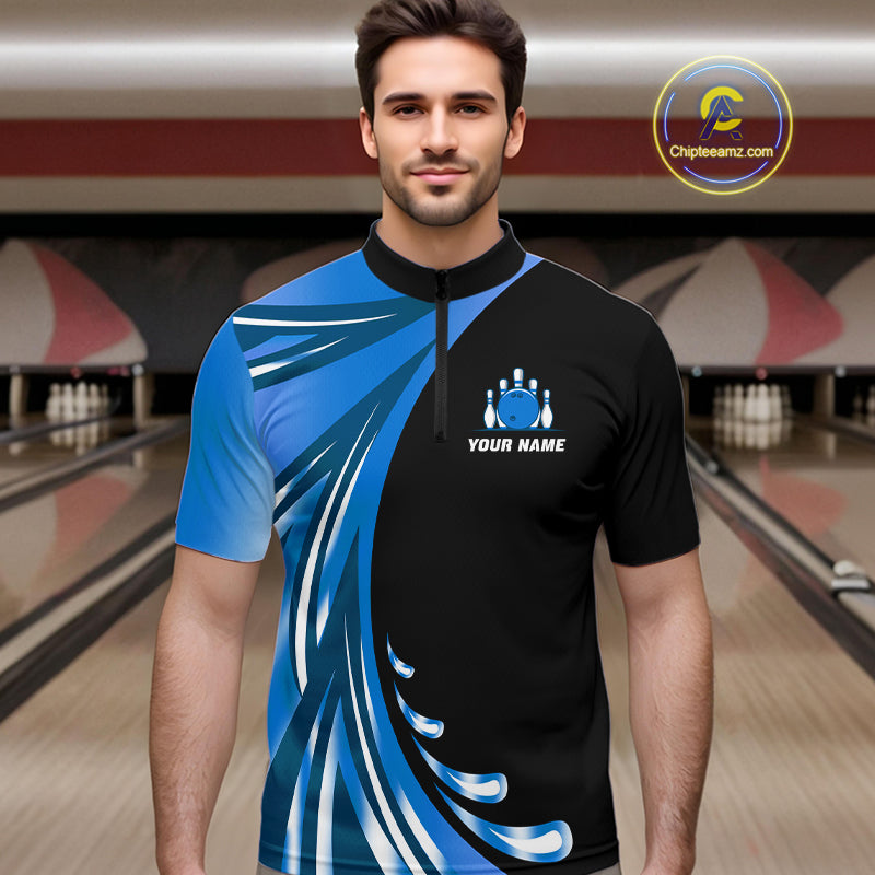 Black and Blue Bowling Ball and Pins wings Bowling Shirts for Men Custom Team Bowling Jerseys NQS10490