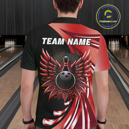 Black and Red Bowling Ball and Pins wings Bowling Shirts for Men Custom Team Bowling Jerseys NQS10491