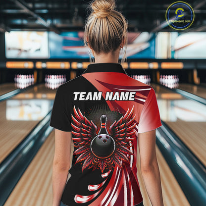 Black and Red Bowling Ball and Pins wings Bowling Shirts for Women Custom Team Bowling Jerseys NQS10491