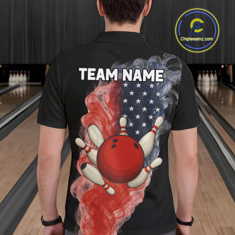 Custom Smoke American Flag Black Bowling Shirts for Men Personalized Patriotic Team Bowling Jerseys NQS10496
