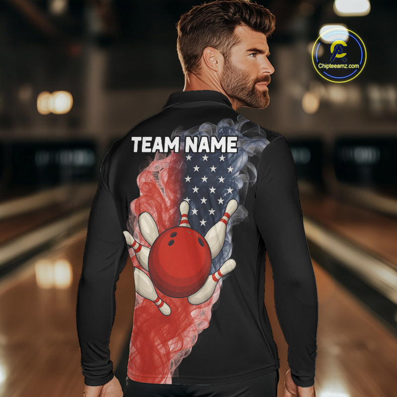 Custom Smoke American Flag Black Bowling Shirts for Men Personalized Patriotic Team Bowling Jerseys NQS10496