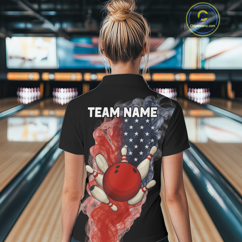 Custom Smoke American Flag Black Bowling Shirts for Women Personalized Patriotic Team Bowling Jerseys NQS10496