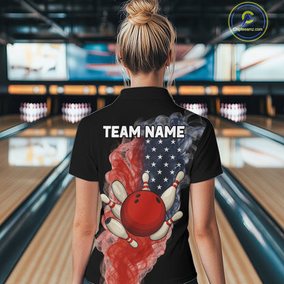Custom Smoke American Flag Black Bowling Shirts for Women Personalized Patriotic Team Bowling Jerseys NQS10496