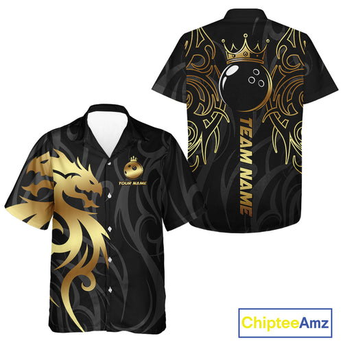 Black and Gold Dragon tribal crown Bowling ball Hawaiian Shirt Custom Bowling Team League Jerseys NQS10903