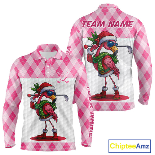 Funny Christmas Flamingo Mens golf polo shirt custom pink argyle pattern white golf apparel NQS11087
