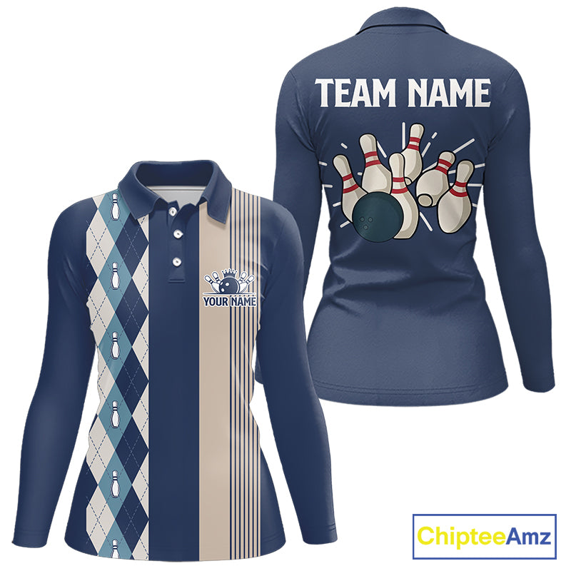 Retro Blue argyle pattern Bowling shirts For Women custom bowling team jerseys Bowler Outfits NQS9411