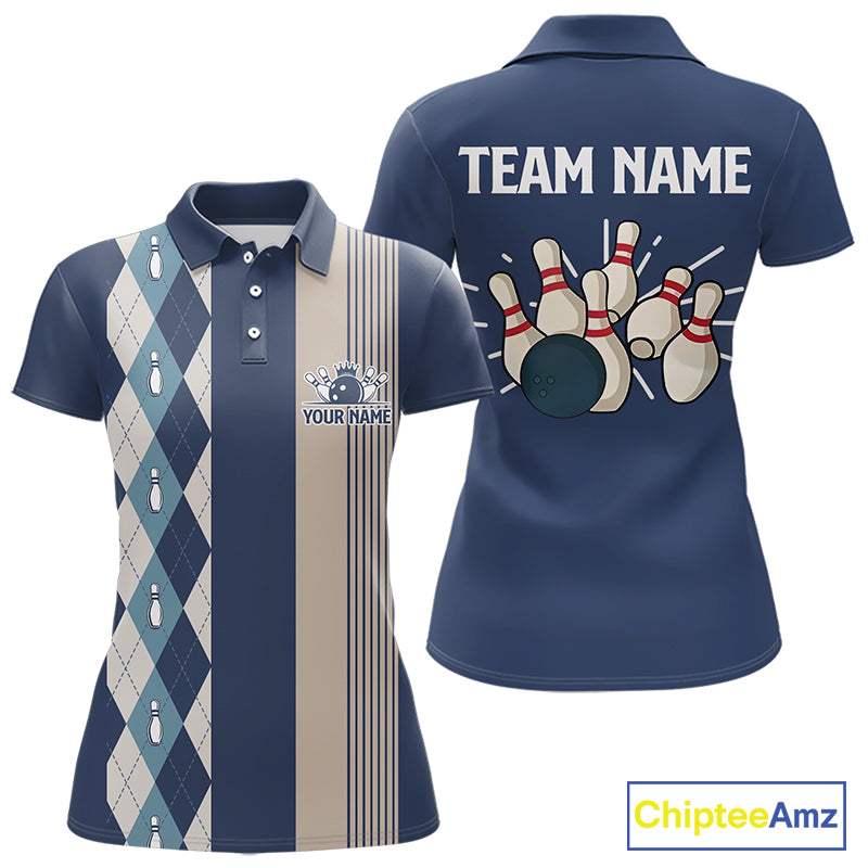 Retro Blue argyle pattern Bowling shirts For Women custom bowling team jerseys Bowler Outfits NQS9411