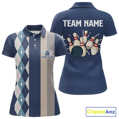 Retro Blue argyle pattern Bowling shirts For Women custom bowling team jerseys Bowler Outfits NQS9411