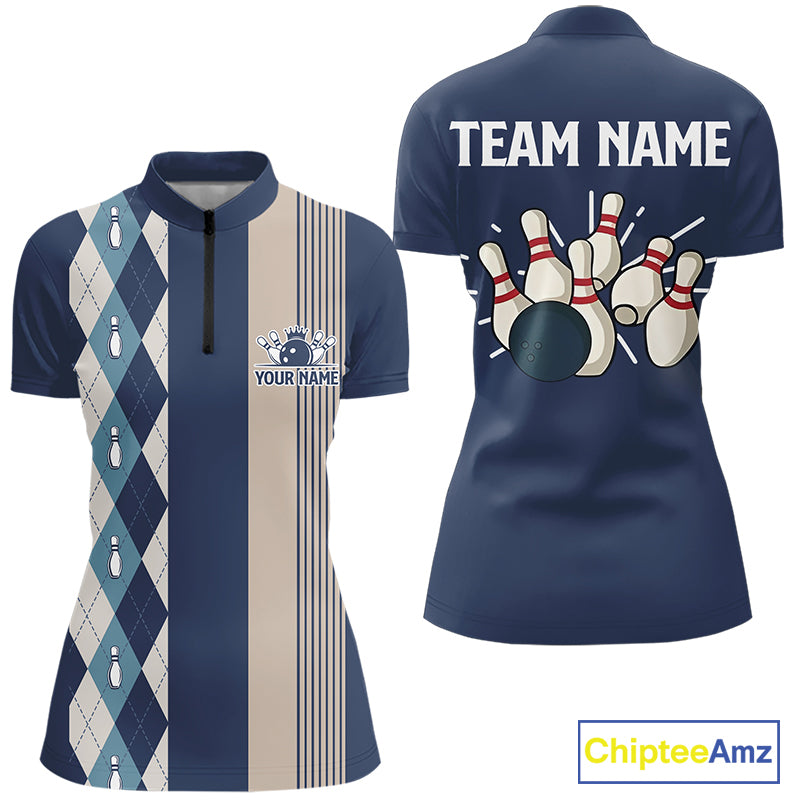 Retro Blue argyle pattern Bowling shirts For Women custom bowling team jerseys Bowler Outfits NQS9411