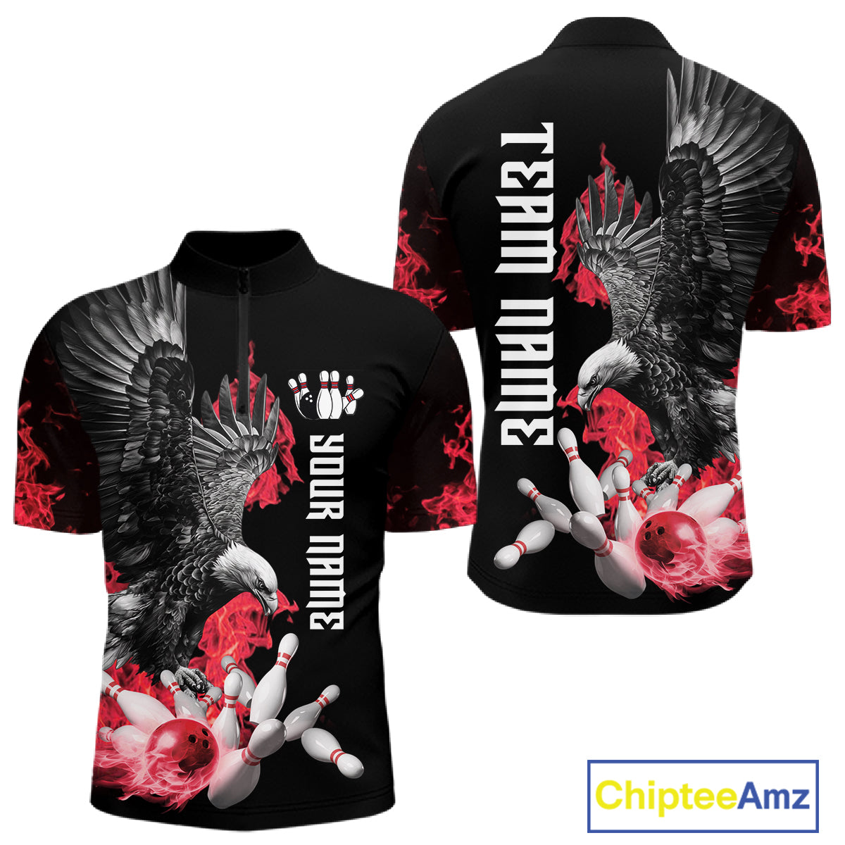 Custom Red Flame Black Eagle Bowling Polo, Quarter Zip Shirt For Men, Team Bowling Clothes NQS11500