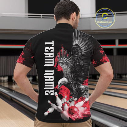 Custom Red Flame Black Eagle Bowling Polo, Quarter Zip Shirt For Men, Team Bowling Clothes NQS11500