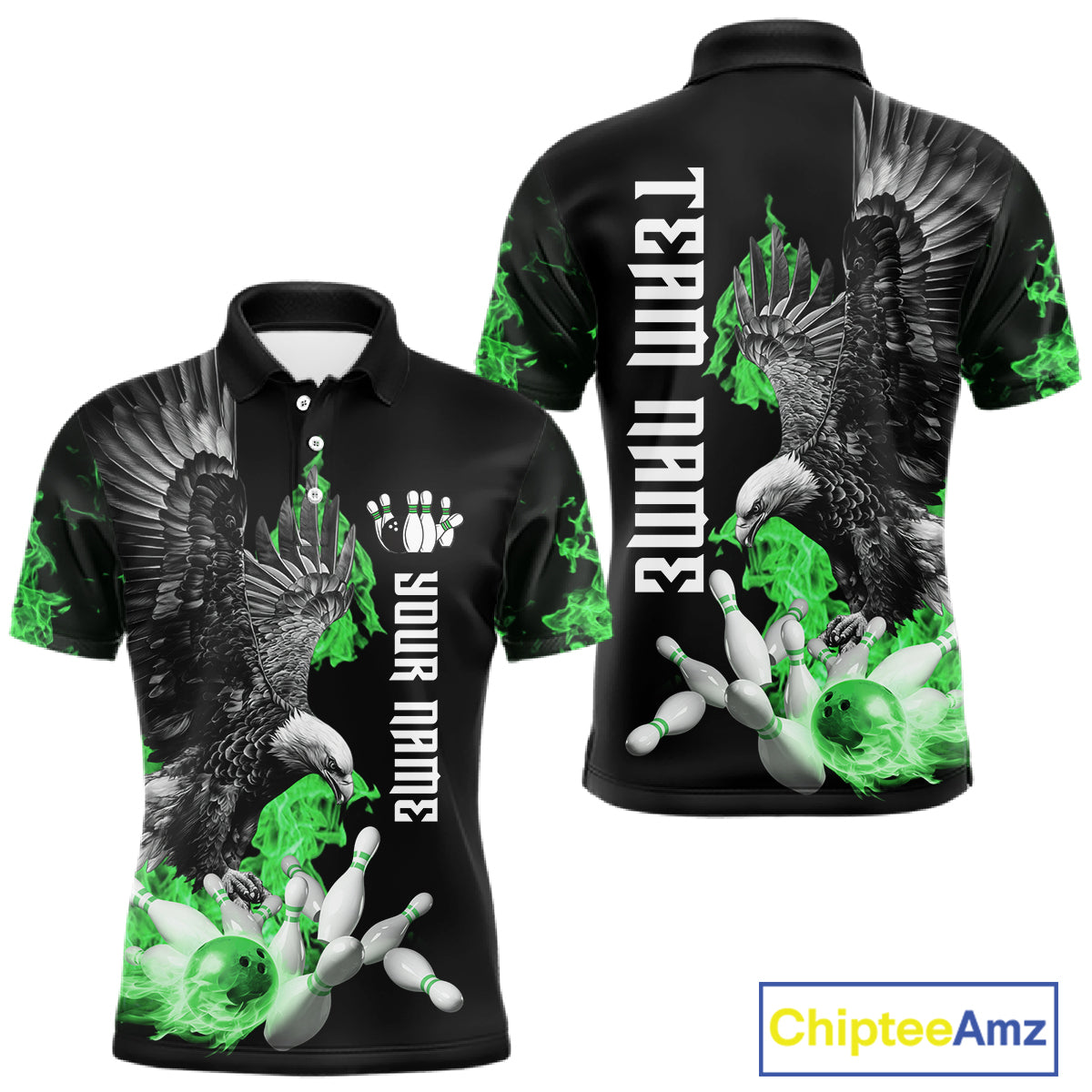 Custom Green Flame Black Eagle Bowling Polo, Quarter Zip Shirt For Men, Team Bowling Clothes NQS11502