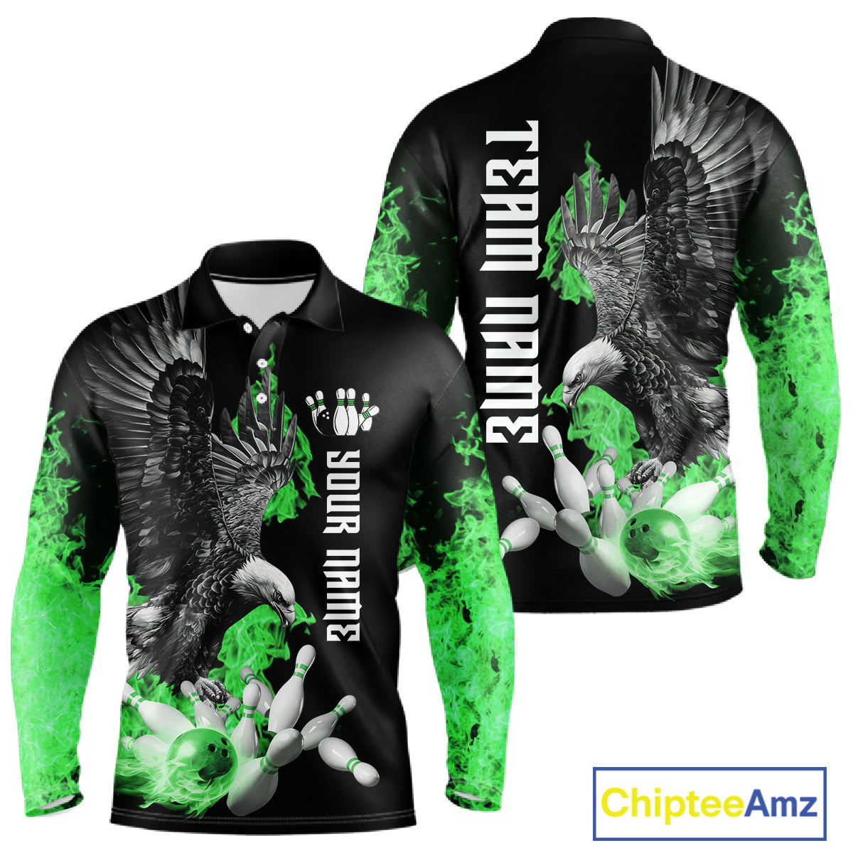 Custom Green Flame Black Eagle Bowling Polo, Quarter Zip Shirt For Men, Team Bowling Clothes NQS11502
