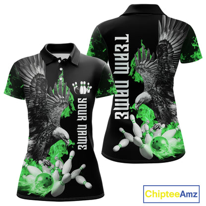 Custom Green Flame Black Eagle Bowling Polo, Quarter Zip Shirt For Women, Team Bowling Clothes NQS11502