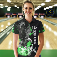 Load image into Gallery viewer, Custom Green Flame Black Eagle Bowling Polo, Quarter Zip Shirt For Women, Team Bowling Clothes NQS11502